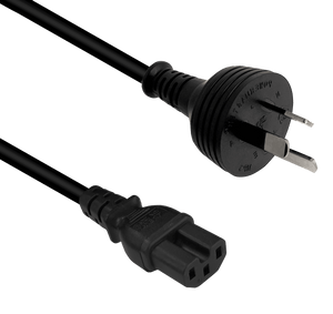 A side profile view of the robust IEC C15 connector and the insulated pins of the Australian mains plug.