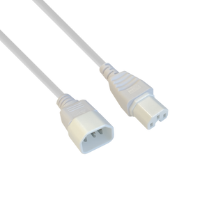 Side-angled view of the 1.5m white power cord showing the IEC-C14 male plug and the high-temperature IEC-C15 female connector.