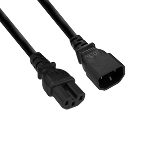 Side-angled view of the 2m power cord showing the IEC-C14 male plug and the high-temperature IEC-C15 female connector.