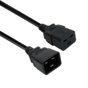 Black IEC-C19 to IEC-C20 power cord, angled view showing both connector ends