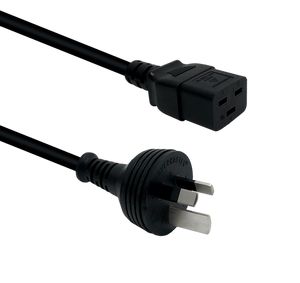 Side angle view of the 2-metre power cord, clearly showing the heavy-duty IEC-C19 connector and the 15A Australian mains plug with its large earth pin.