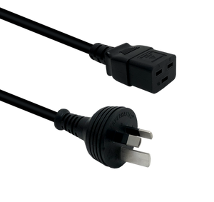 Side angle view of the 3-metre power cord, clearly showing the heavy-duty IEC-C19 connector and the 15A Australian mains plug with its large earth pin.