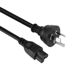 Side angle view of the 2-metre power cord, showing the distinctive 3-circle IEC-C5 "Cloverleaf" connector and the Australian 3-pin mains plug.