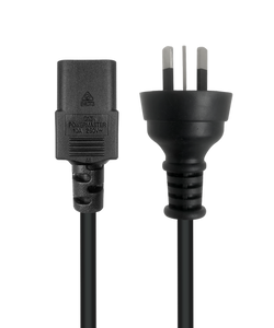 Top front view of the 2m black power cable, highlighting both the IEC-C13 and Australian mains ends.