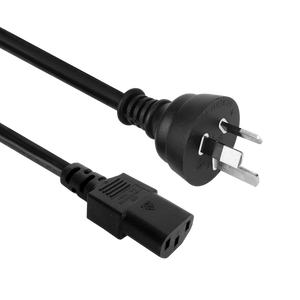 Side angled view of the 10-metre black power cord, showing the IEC-C13 connector and the Australian 3-pin plug.
