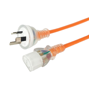 Side angled view of the maximum-length 6-metre orange medical-grade power cord, showing the transparent IEC-C13 and Australian 3-pin ends.