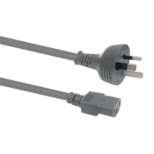 Side angled view of the 2.5-metre ash grey power cord, showing the IEC-C13 connector and the Australian 3-pin plug.