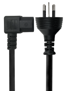 Top-down view of the 2m power cord, showcasing the left-hand right-angle IEC-C13 connector and the standard Australian mains plug.