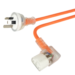 Side angled view of the 3-metre orange medical-grade power cord, showing the right-angle IEC-C13 and transparent Australian 3-pin ends.