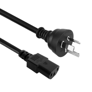 Side angled view of the 5-metre heavy-duty black power cord, showing the IEC-C13 and Australian 3-pin ends.
