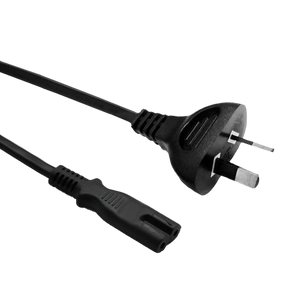Side angled view of the short 0.5-metre black power cord, showing the IEC-C7 "Figure-8" connector and the Australian 2-pin mains plug.