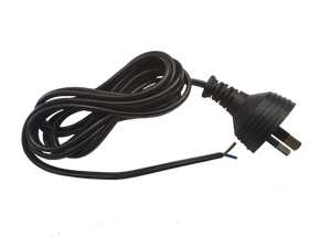 Top-down view of the coiled 2-metre power cord, clearly showing the blunt cut wire end and the Australian 2-pin plug.