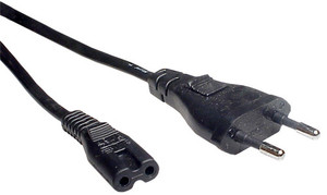 Side angled view of the 2-metre power cord, showing the IEC-C7 "Figure-8" connector and the 2-pin European "Europlug" mains end.