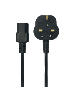 Top-down view of the 2m power cord with the IEC-C13 and BS 1363 UK mains plug ends clearly visible.