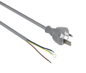 Side angled view of the 2-metre grey power cord, showing the pre-stripped wire end fitted with an M5 O-ring terminal and the Australian 3-pin plug.
