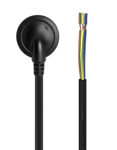 Top-down view of the back of 2-metre power cord, showing the round, right-angle Australian mains plug and the blunt cut end.