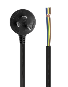 A close-up of the right-angle 3-pin mains plug.