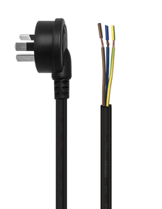 Top-down side view of the 2-metre power cord, showing the round, right-angle Australian mains plug and the blunt cut end.