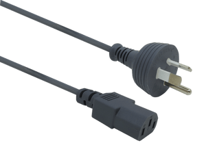 Side angle view of the cable, highlighting the IEC-C13 connector and the distinctive round earth pin on the Australian plug.