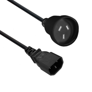 Side angled view of the 300mm adaptor cord, clearly showing the IEC-C14 plug and the Australian 3-pin socket.
