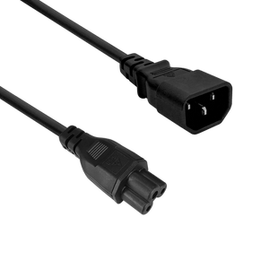 Side view of the 1-metre power cord, clearly showing the IEC-C5 "Cloverleaf" connector and the IEC-C14 plug.
