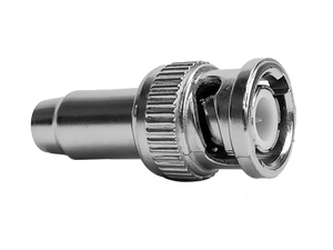 A detailed close-up side view of a single 2-piece BNC male crimp plug for RG6/U cable.