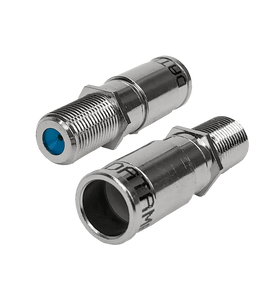 A side view of the F-Female RG6 Quad compression connector shown disassembled into its two pieces.