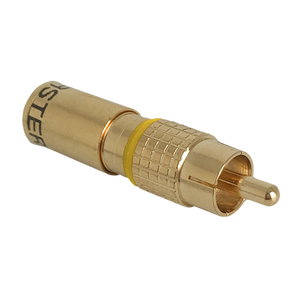 Detailed side view of the gold-plated RCA compression connector's front end.