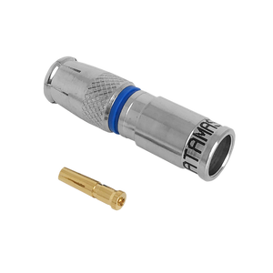 Side view of the PAL Female compression connector, showing the blue band and gold-plated centre conductor for RG6 Quad-Shield cable.