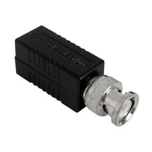 A close-up side view of a single video balun, showing the BNC connector.