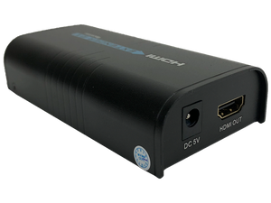 A flat view of the HDMI extender, showing the HDMI output and DC power ports.