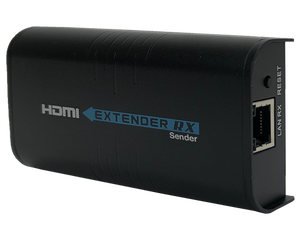 Upright side view of the HDMI extender unit, showing the LAN port and reset button.