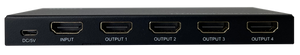 Rear view of the HDMI splitter, showing the DC power input, one HDMI input, and four HDMI output ports.