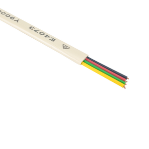 A close-up cross-section of the ivory 4-core flat telephone cable, showing the four internal stranded conductors.