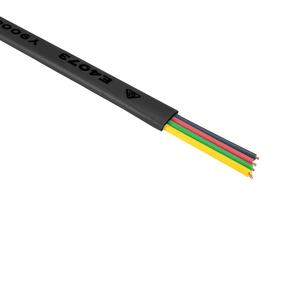 A close-up cross-section of the black 4-core flat telephone cable, showing the four internal stranded conductors.