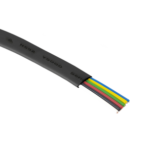 A close-up cross-section of the black 6-core flat multi-purpose cable, showing the six internal stranded conductors.