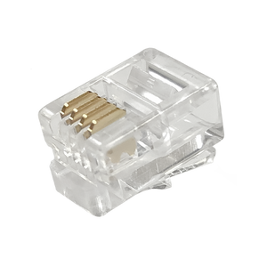 A close-up view of the underside of an RJ11 4P4C modular plug, showing the gold-plated contacts.