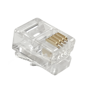 A close-up view of the underside of an RJ11 4P4C modular plug, showing the gold-plated contacts.