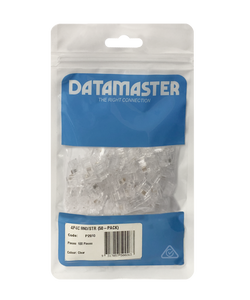 The 100-pack of round-entry RJ11 modular plugs in its branded Datamaster hang-sell packaging.