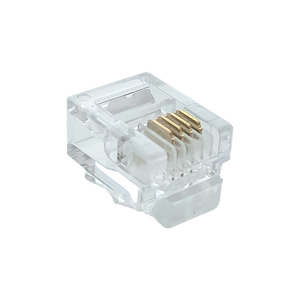 A close-up view of the underside of an RJ12 6P4C modular plug, showing the gold-plated contacts