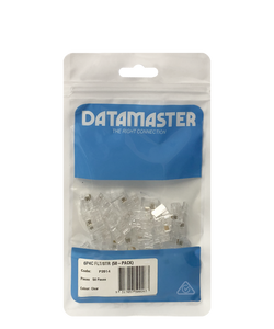 The 50-pack of RJ12 modular plugs in its branded Datamaster hang-sell packaging.