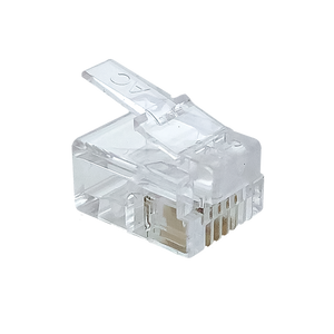A side profile of the top of the transparent RJ12 6P4C modular plug.