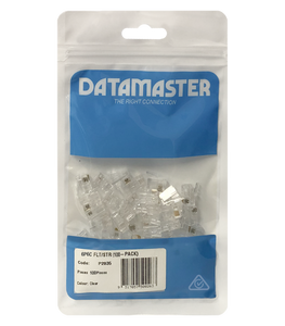 The 100-pack of 6P6C RJ12 modular plugs in its branded Datamaster hang-sell packaging.