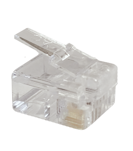 A side profile of the top of the transparent RJ12 6P6C modular plug.