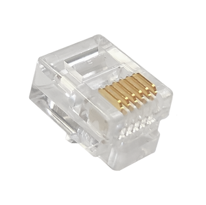 Close-up of an RJ12 6P6C round stranded modular plug.