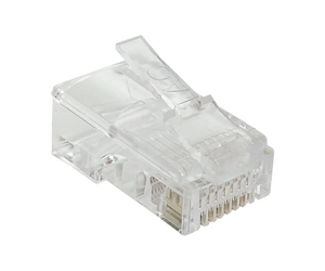 A detailed side profile of a single transparent 8P8C RJ45 modular plug for solid core cable.

