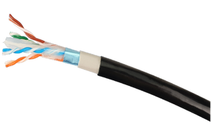 Detailed close-up of the Cat6 underground cable's construction, showing the gel-filling, foil shield, drain wire, separator, and solid copper conductors.