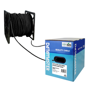 The Datamaster® Reel-in-Box with the Black Cat6 solid UTP cable being dispensed smoothly from the packaging.