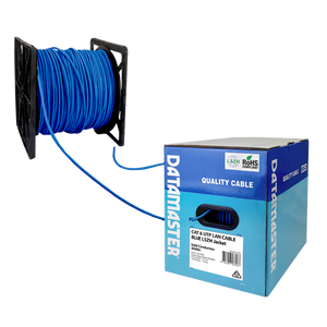 The Datamaster® Reel-in-Box with the Blue Cat6 solid UTP cable being dispensed smoothly from the packaging.