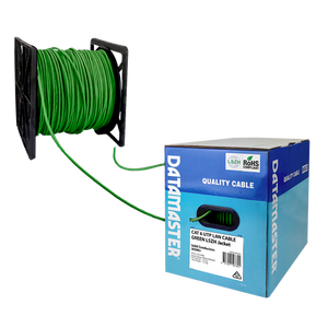 The Datamaster® Reel-in-Box with the Green Cat6 solid UTP cable being dispensed smoothly from the packaging.